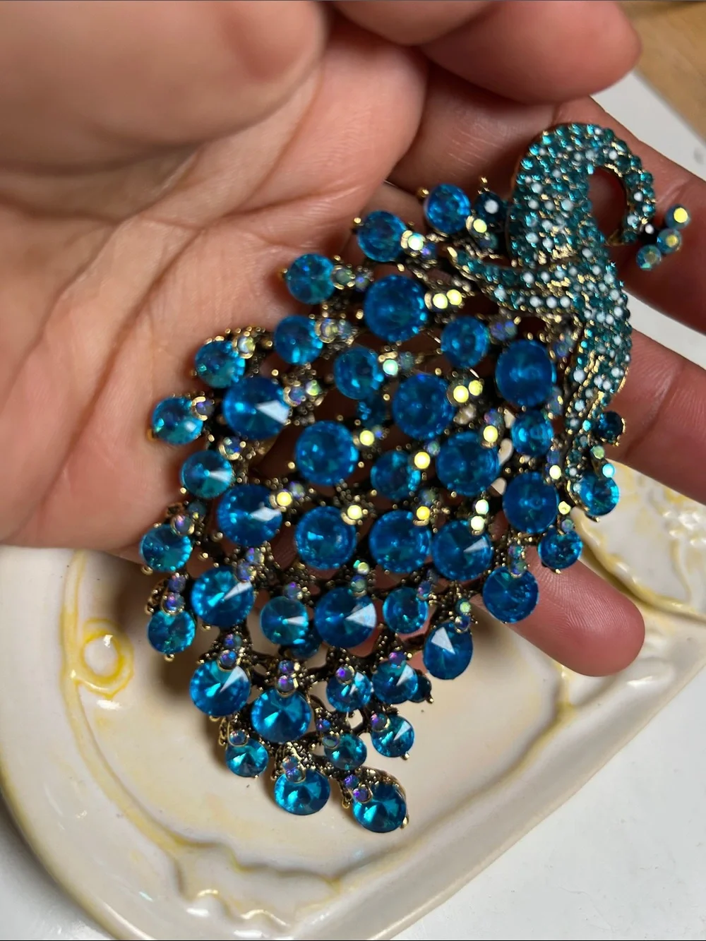Teal Crystal Peacock Brooch